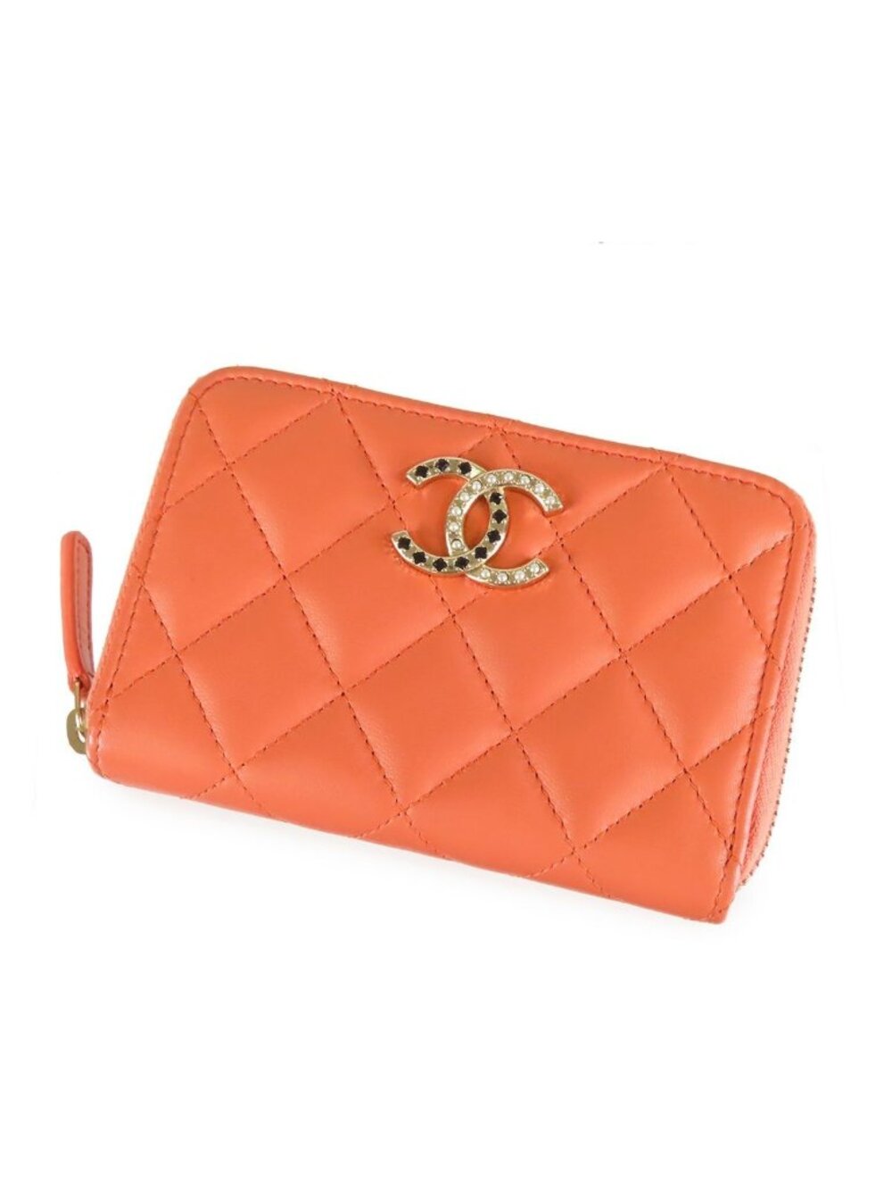Chanel Zip Coin Purse Salmon Pink Gold Leather Rhinestone CC Logo Quilted Stitch